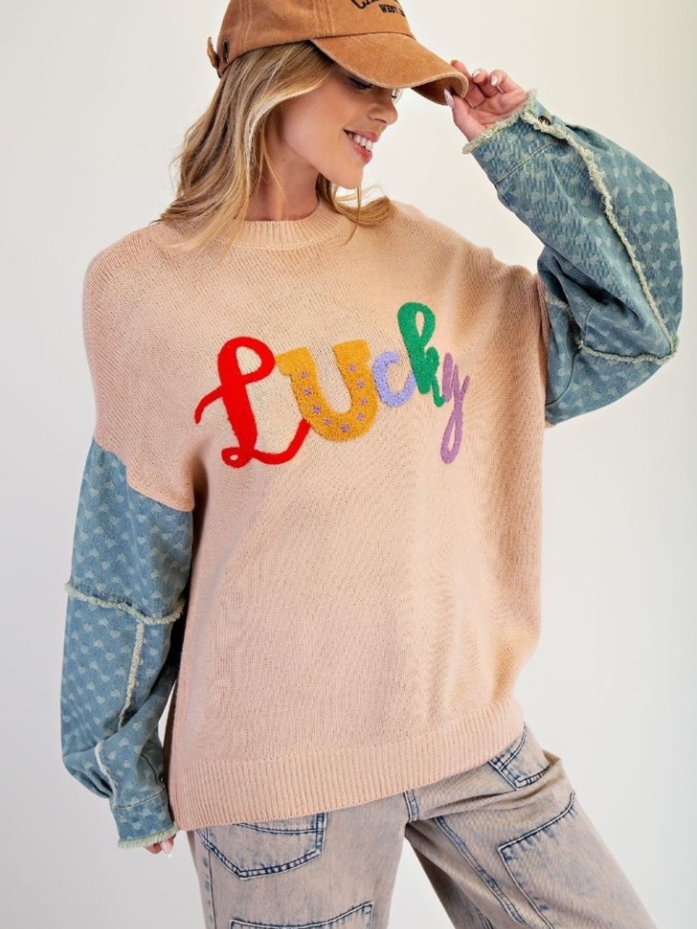 NEW EASEL LUCKY PULLOVER BLUE SWEATER KNIT PULLOVER MIXED MEDIA BOHO PATCH TAN